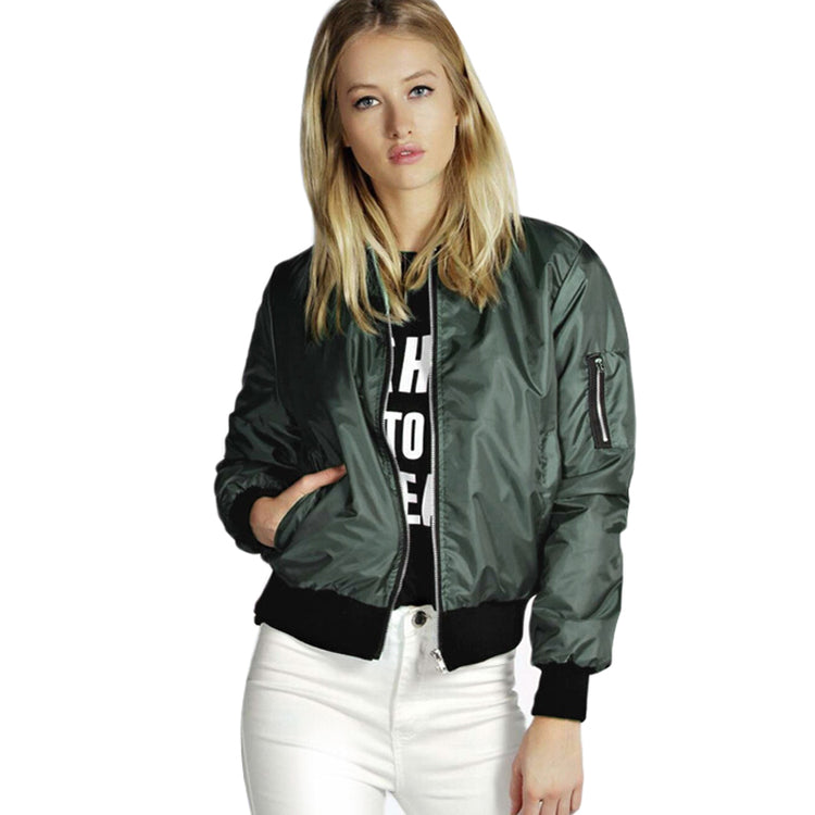 Women's bomber jacket with a zippered sleeve pocket