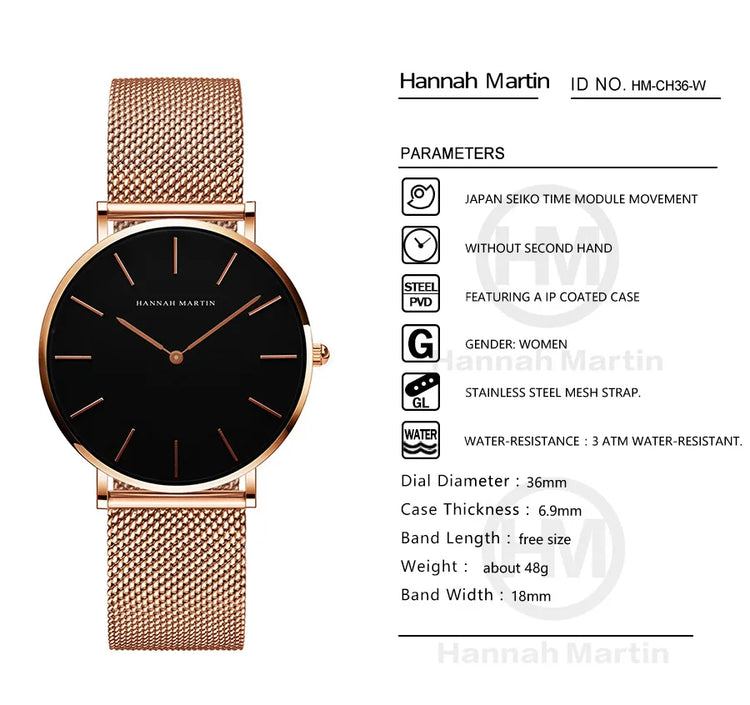 Hannah Martin CC36 women's quartz watch with stainless steel mesh strap